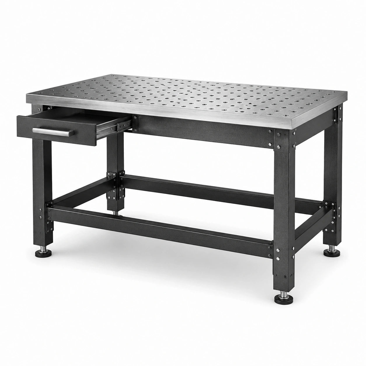 Banco da lavoro in metallo con piano forato e cassetto 150x80x85 cm