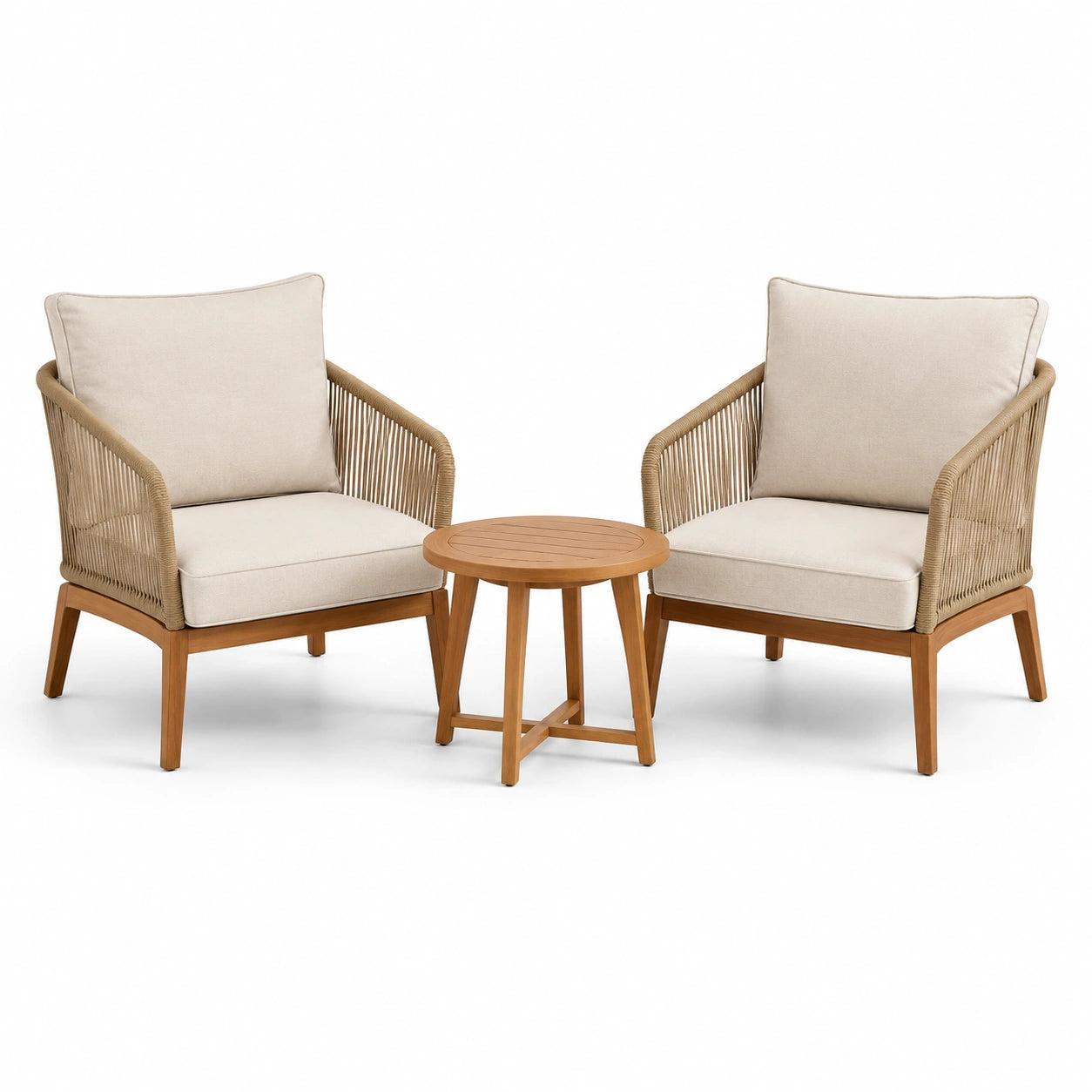 Set bistrot da giardino in legno e corda con cuscini in poliestere beige