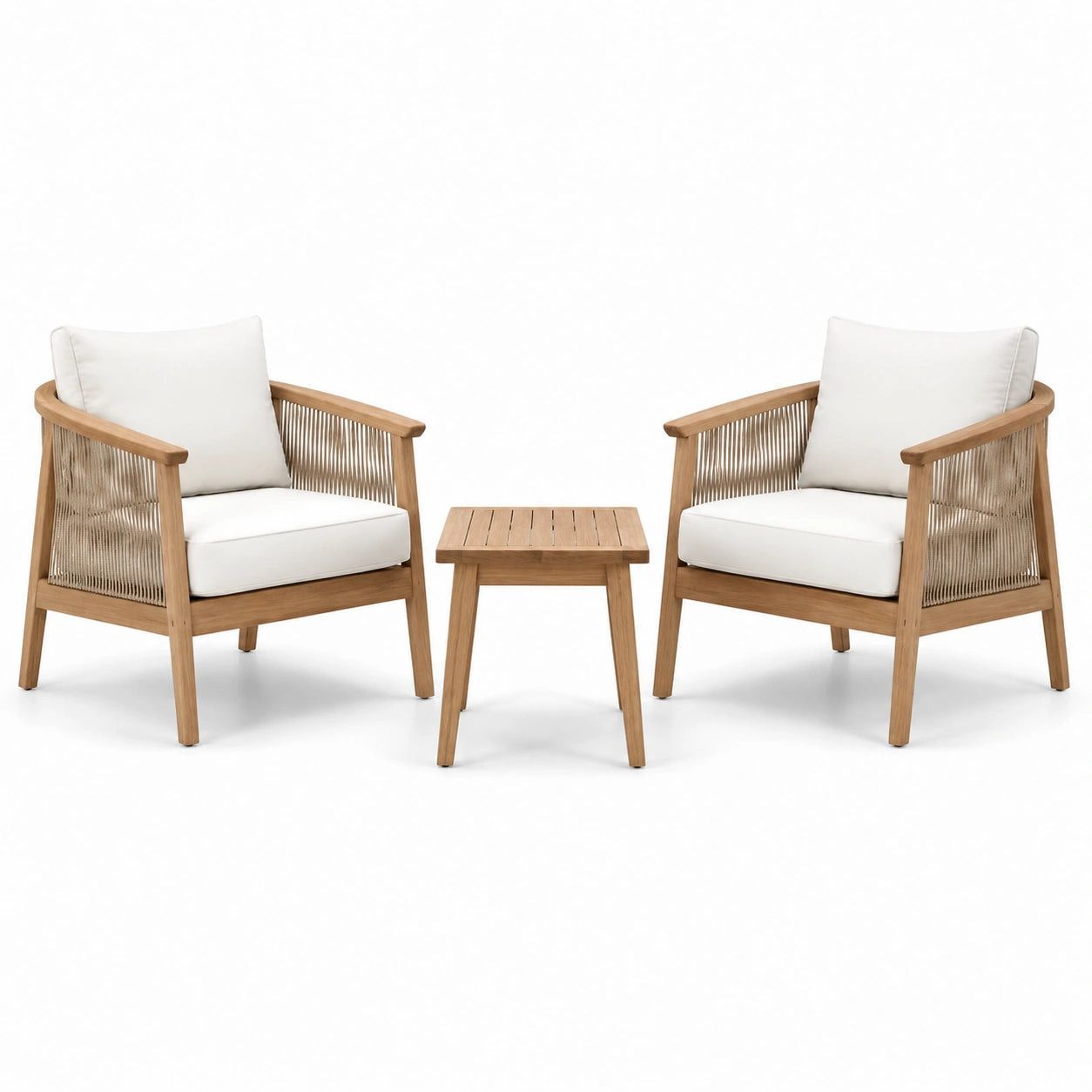 Set di mobili da giardino in legno con cuscini bianchi