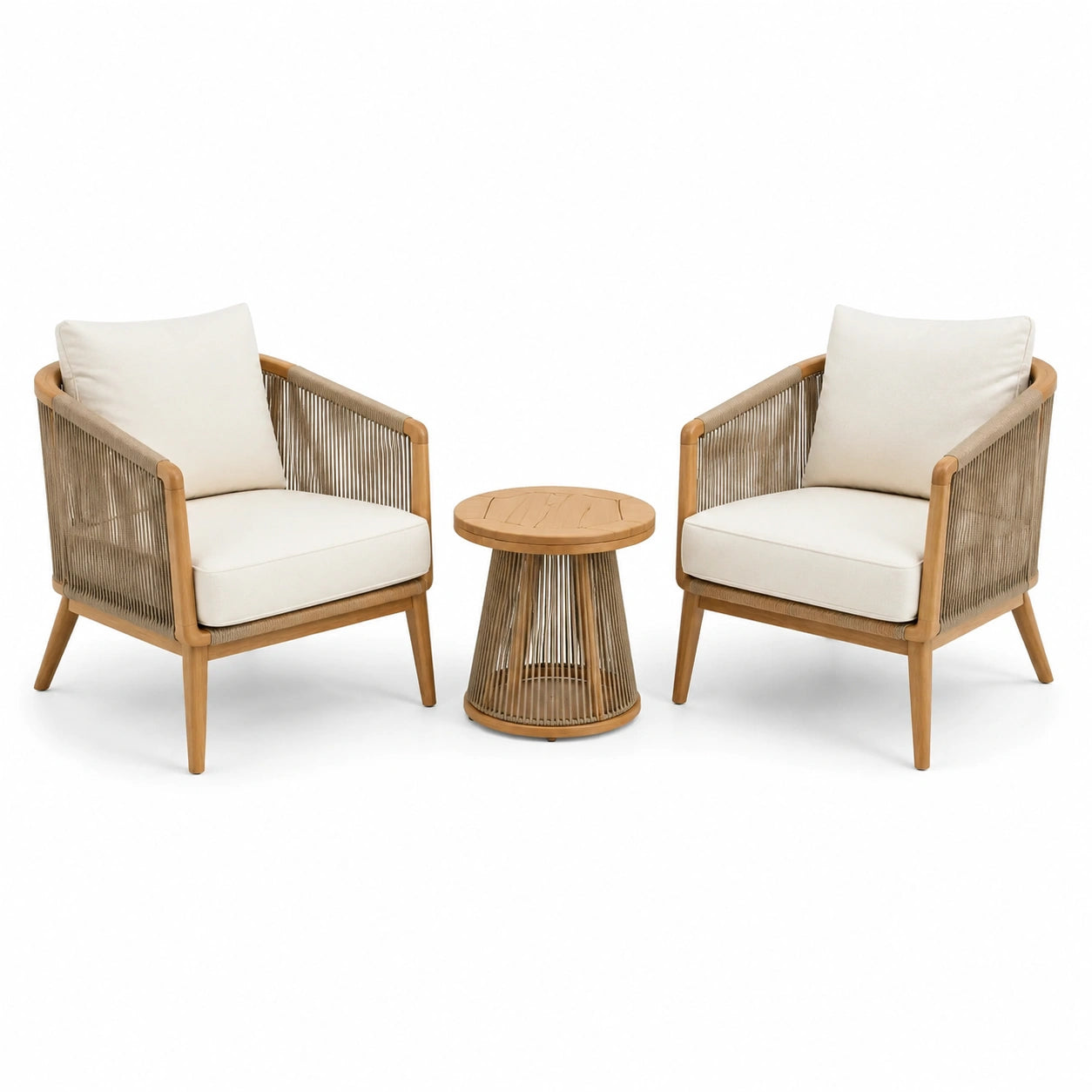 Set giardino in legno teak e corda con due poltrone e tavolino beige