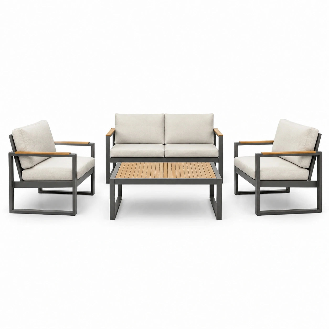 Set salotto da giardino in alluminio e acacia con cuscini in poliestere beige