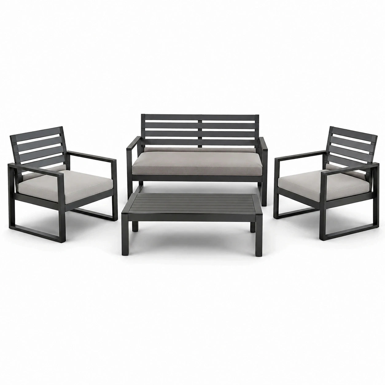 Set mobili da giardino in metallo nero con cuscini grigi