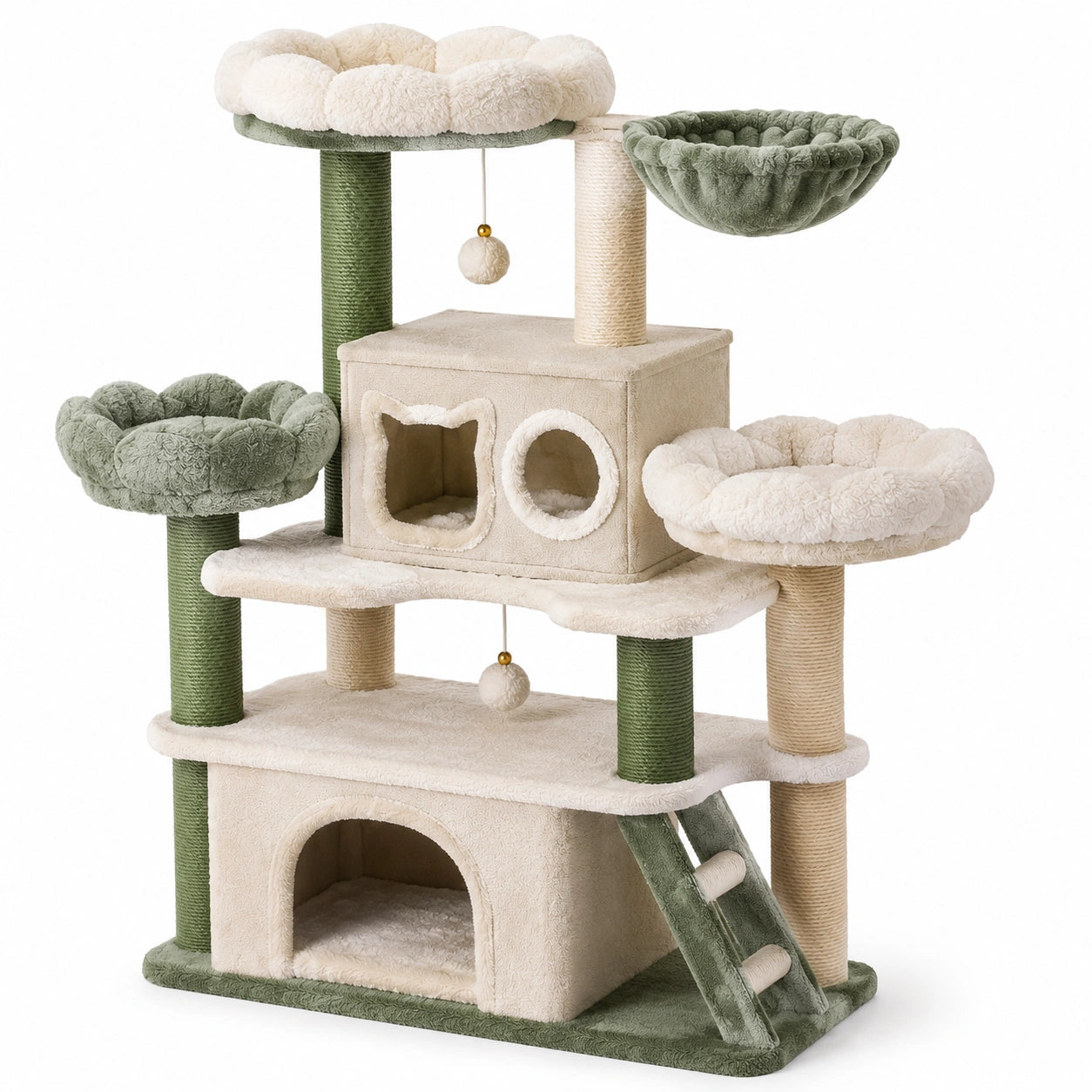 Albero Tiragraffi per Gatti con Cuccia in Peluche Verde e Beige