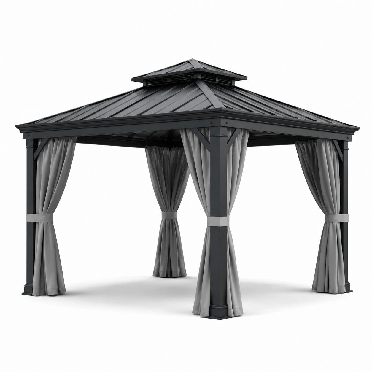 Gazebo da Esterno in Alluminio con Telo in Acciaio e Tende in Poliestere Grigio