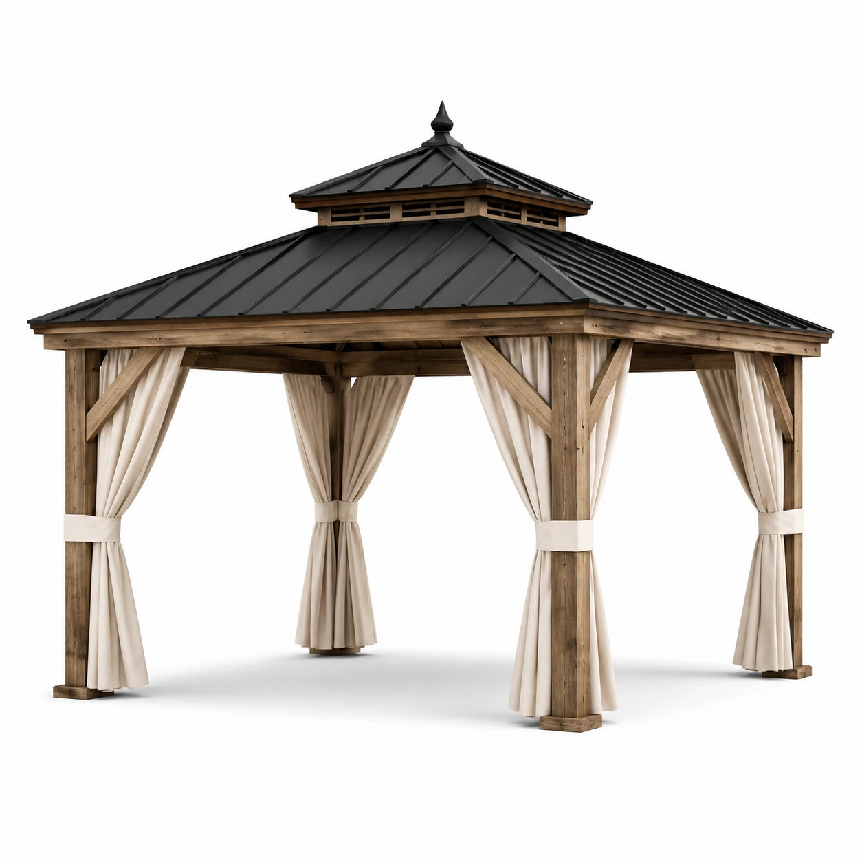 Gazebo in legno con tetto in metallo nero e tende in poliestere beige