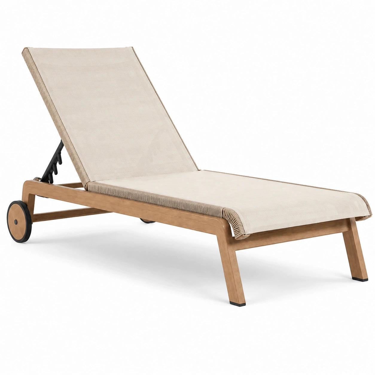 Lettino prendisole in legno e tessuto beige con ruote regolabile